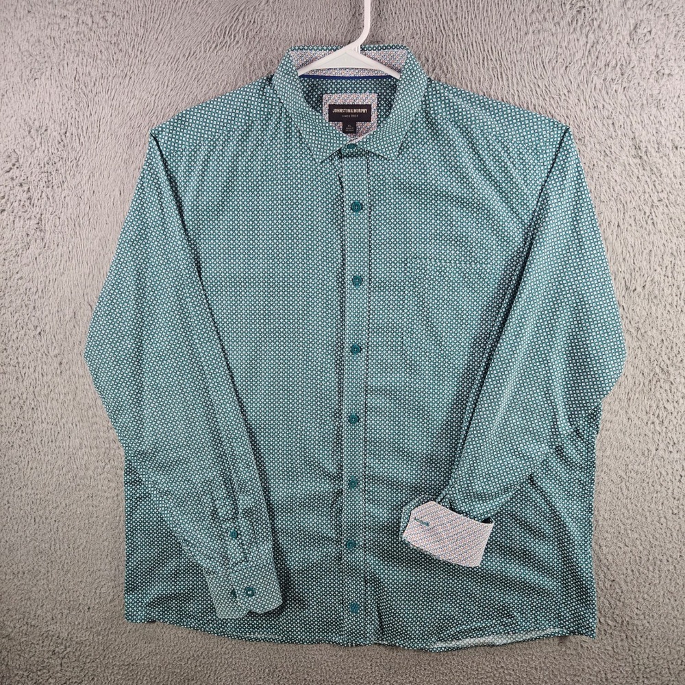 Johnston & Murphy Mens XL Teal Geometric Print Cotton Button Down‎ Shirt